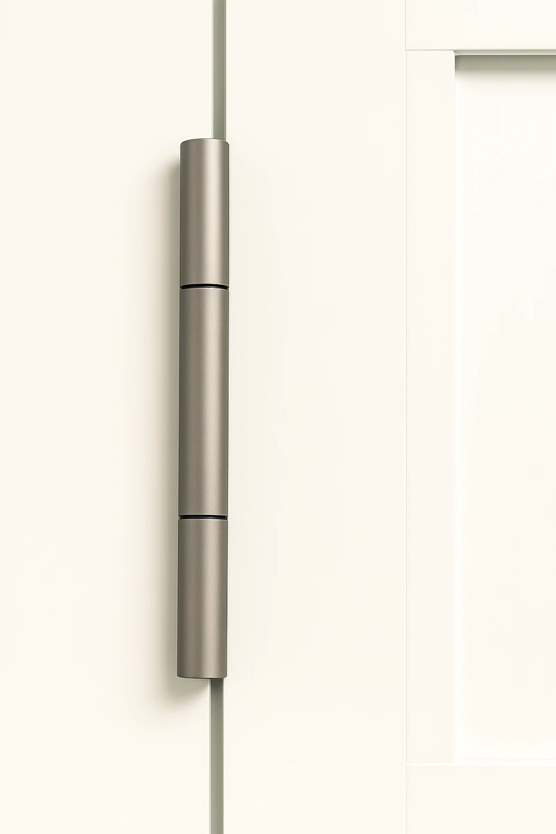 Cerniera color metallo sul profilo in alluminio bianco della porta di ingresso su una vetrina di un ufficio in provincia di piacenza